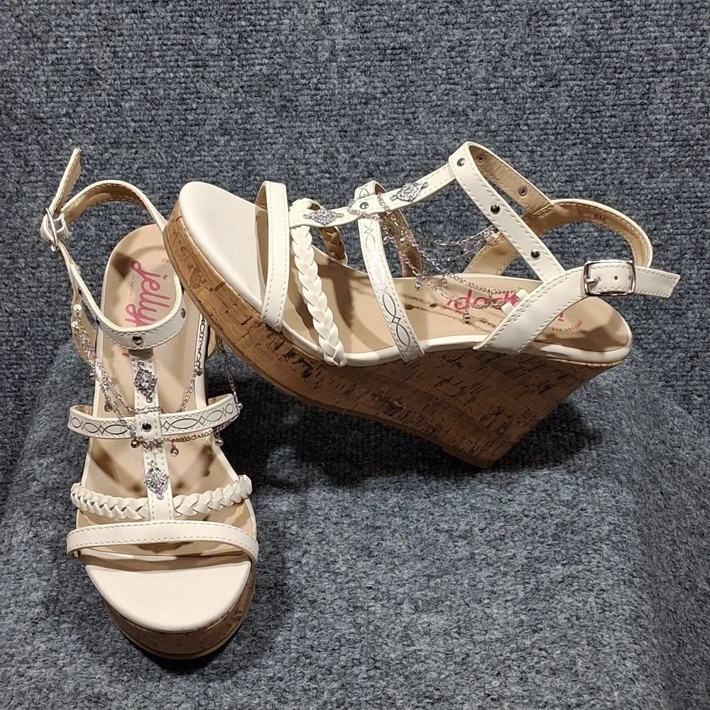 Jellypop Wedge Sandals Cream With Silver  Tone Chain Jewel Accents  Ankle Strap - Picture 9 of 13